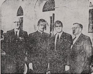 St. Peter Lutheran Church and its officiants on its 80th Anniversary. Left to right: Mr. Louis Roedel, former teacher; Rev. W. Harry Krieger, president, Michigan Lutheran District; Rev. Edward Pankow, pastor; and Mr. Lorenz H. Loesel, teacher.